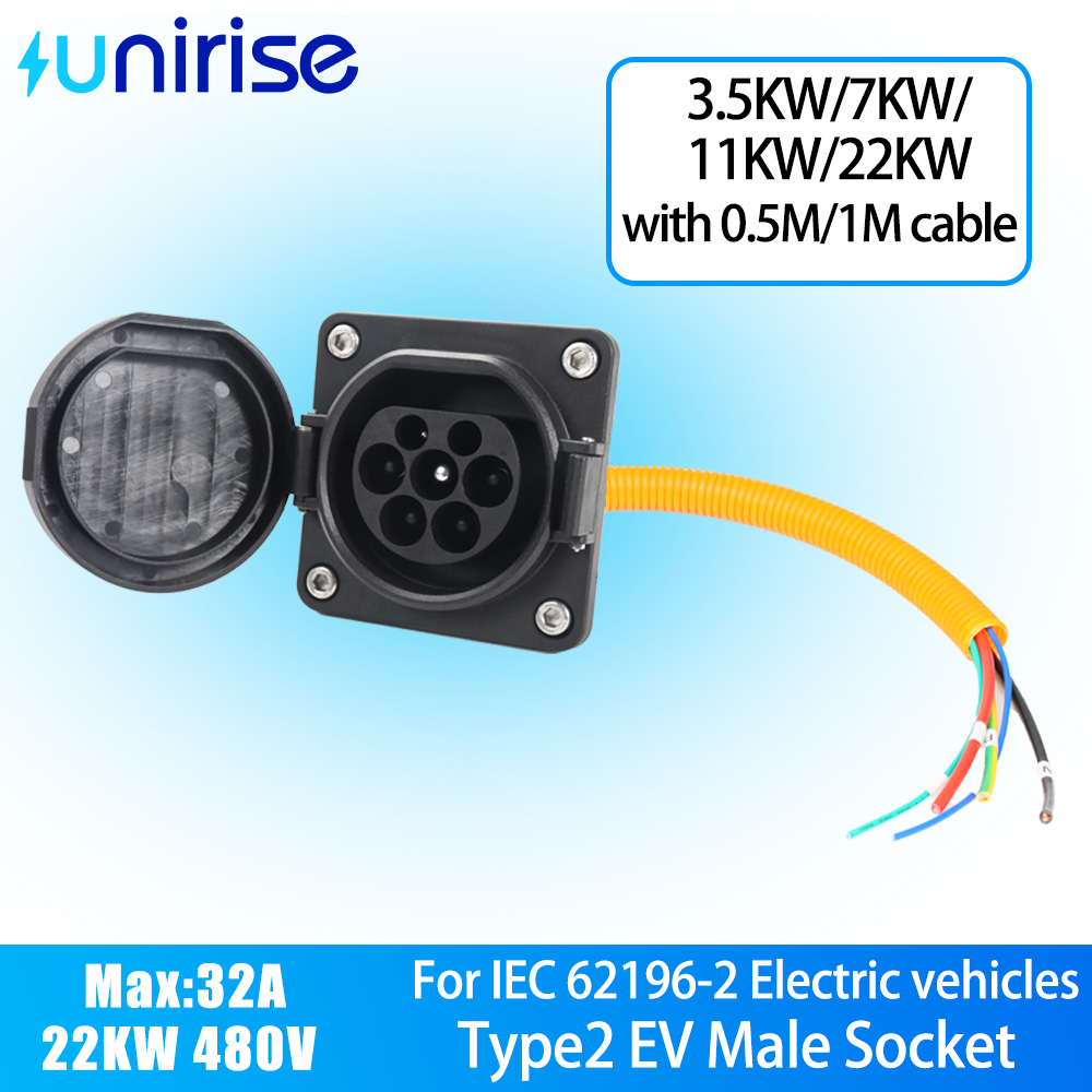 Ev Charging Cable - Unirise Type2 EV用充電ソケット。0.5m/1mのケーブル付き。最大16A/32A、最大出力22kW。EU規格IEC 62196-2 Type2オス型ソケット。EV車用充電器。